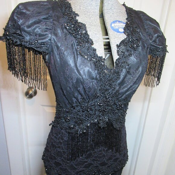 Lorrie Kabala Vintage 1980s Black Lace Bead & Sequin Encrusted Mermaid Gown 10 - Picture 7 of 17